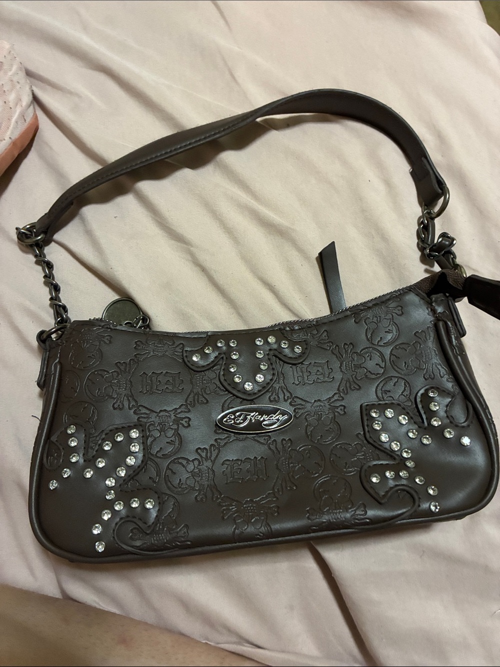 Ed on Hardy Embossed Studded Shoulder Bag in Brown